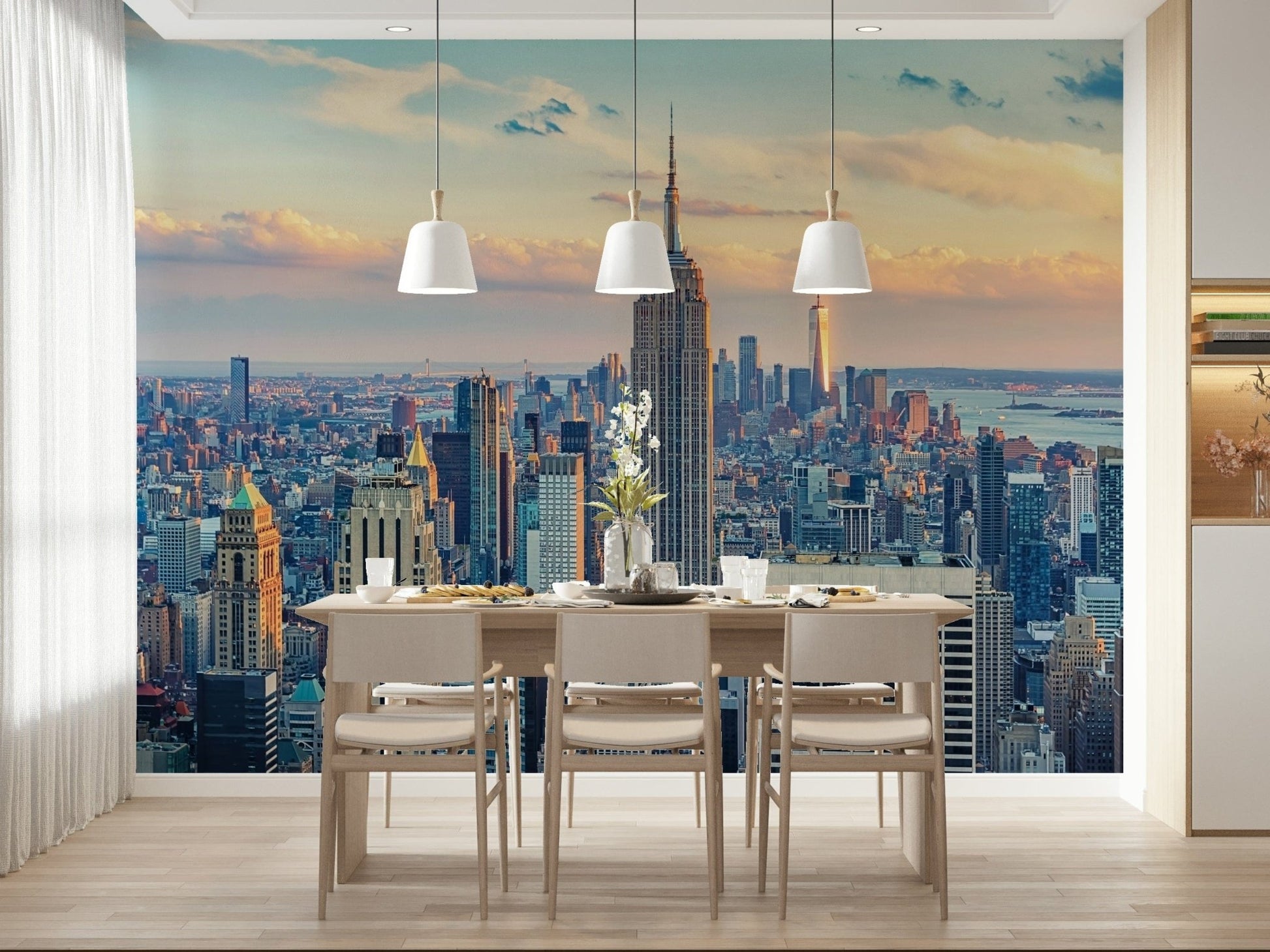 Manhattan Dawn Hues wallpaper mural offers panoramic aerial views.
