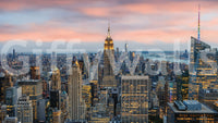Manhattan Dawn wallpaper mural shown as a full-wall mural of the Manhattan skyline and Empire State at dusk