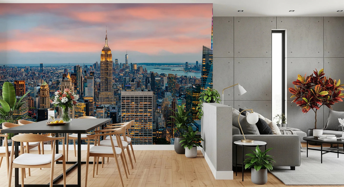 Manhattan Dawn wallpaper mural with the Empire State Building behind a black dining table and wood chairs