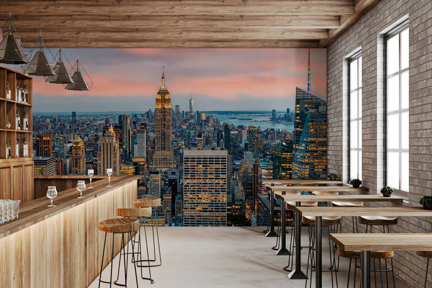 Manhattan Dawn wallpaper mural of Manhattan in a bar with a wood counter, stools and exposed brick