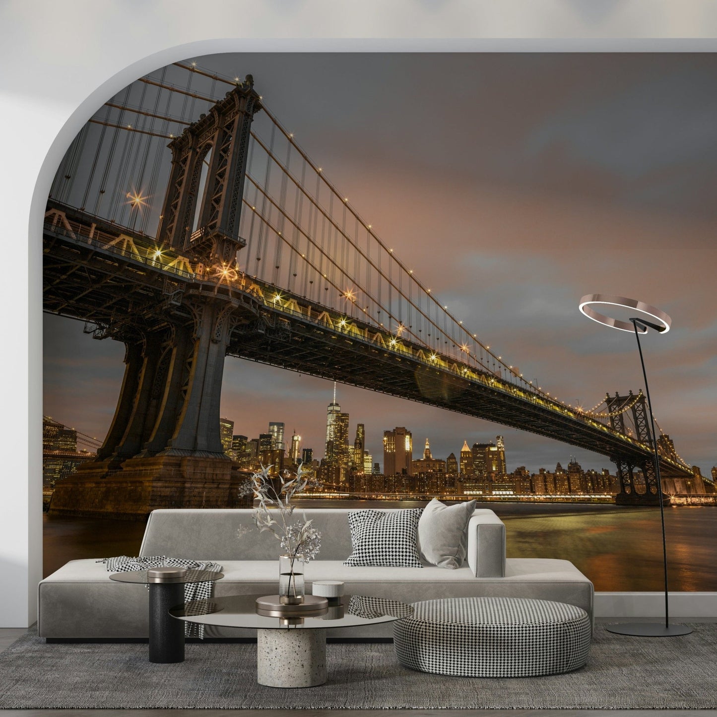 Brooklyn Bridge area wall mural Manhattan Dusk steel structure glow aesthetic.
