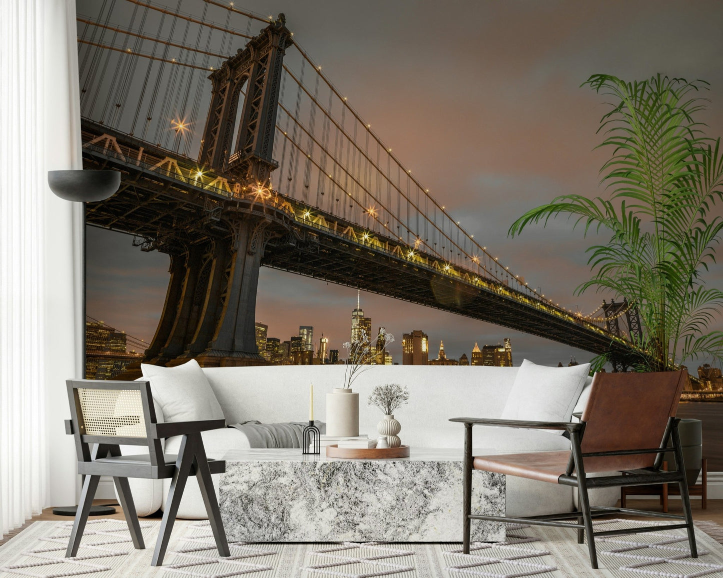 Majestic Manhattan Dusk mural bridge cables illuminated buildings night.