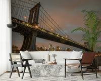 Majestic Manhattan Dusk mural bridge cables illuminated buildings night.