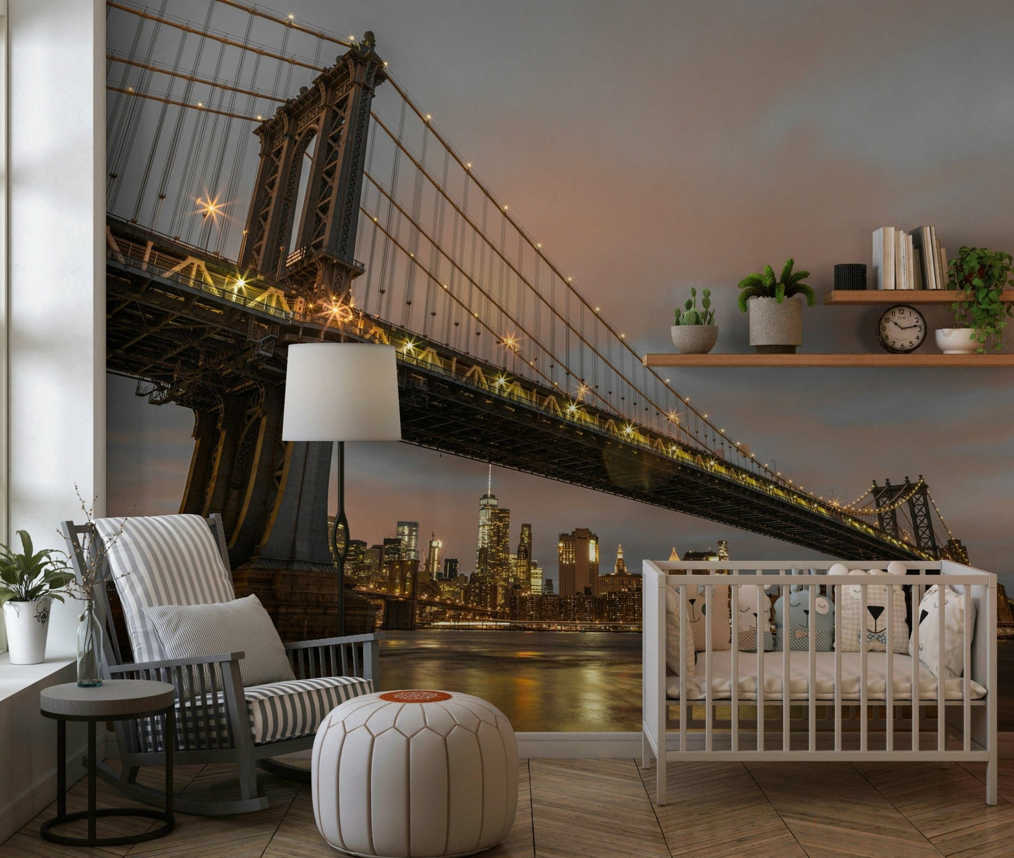 Grand glowing Manhattan Dusk bridge wall mural art.
