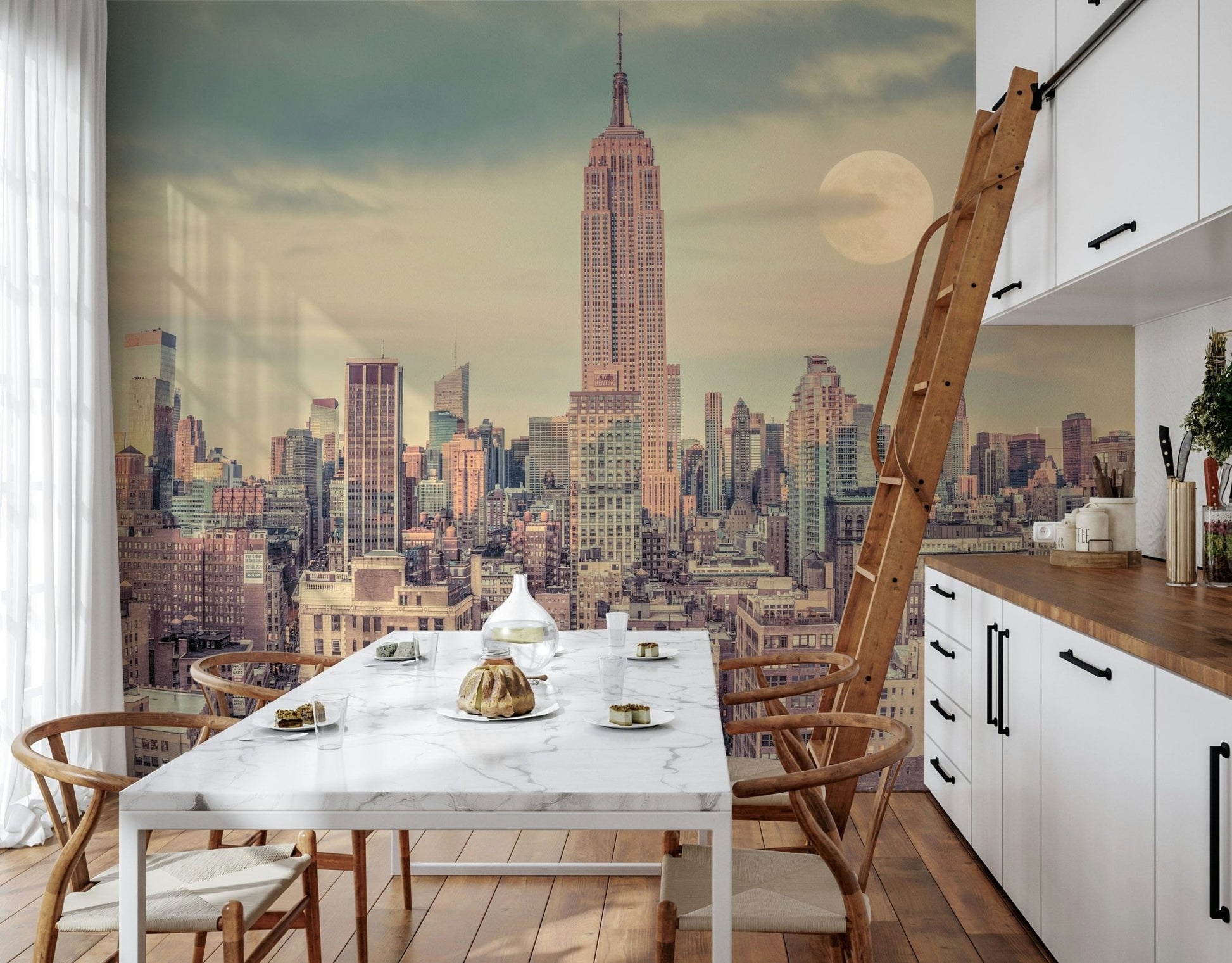 Manhattan Skyline wallpaper featuring Empire State Building large moon.