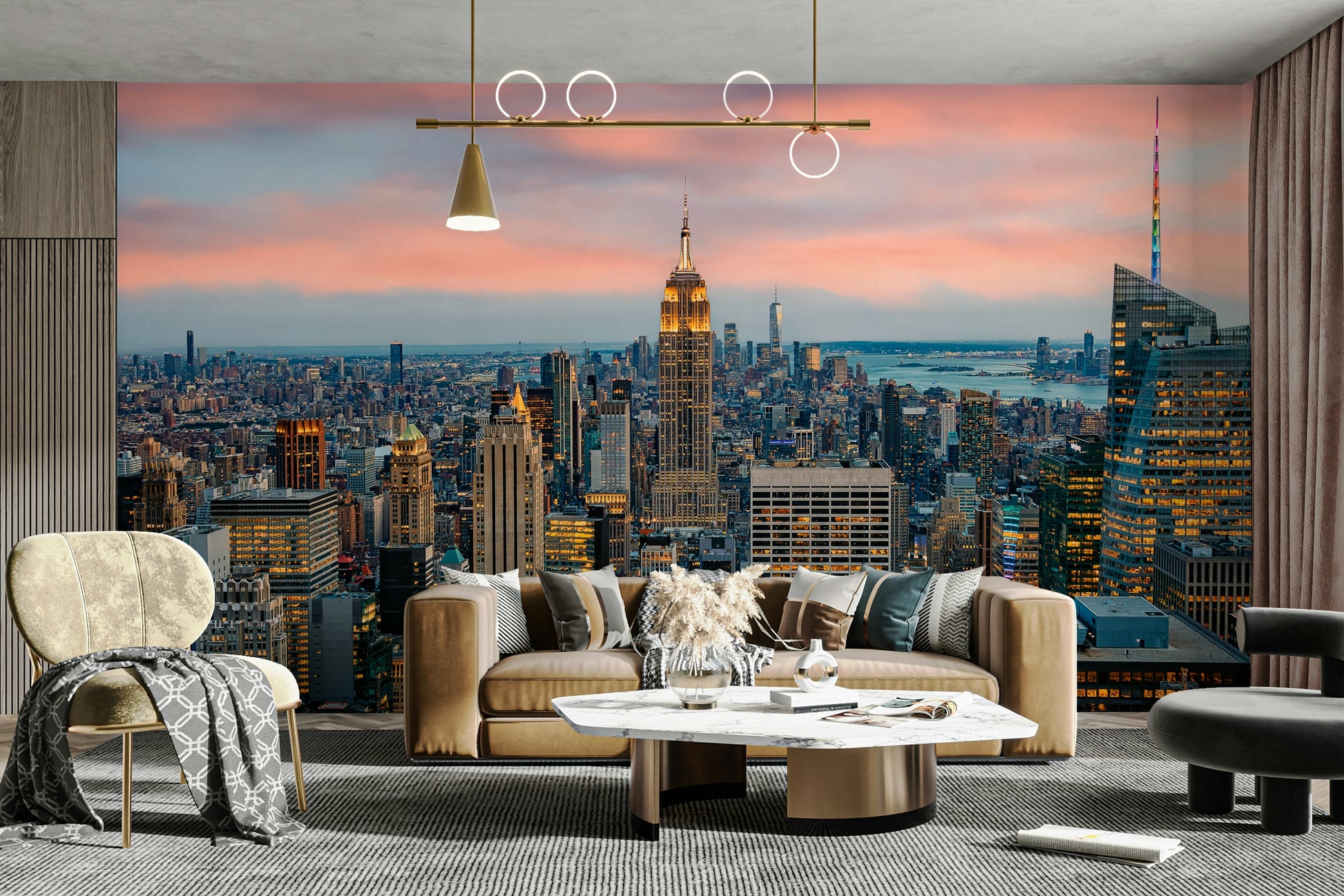 Manhattan skyline at sunset with city lights

