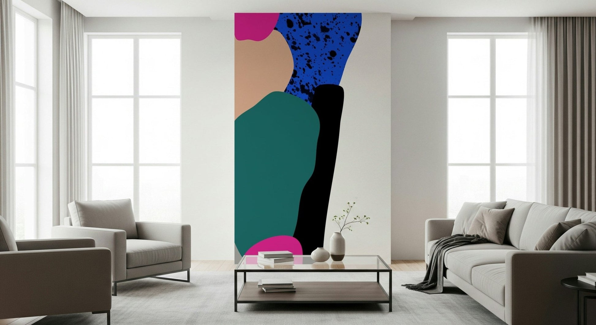 A bold abstract wallpaper featuring large organic shapes in teal, beige, magenta, black, and speckled blue.