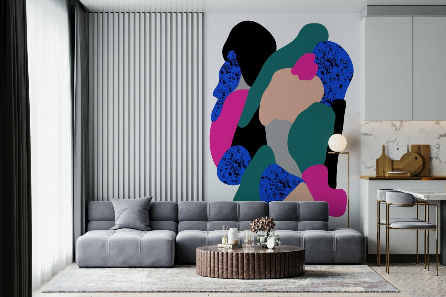 Modern abstract wallpaper featuring layered organic shapes and expressive splatter textures.