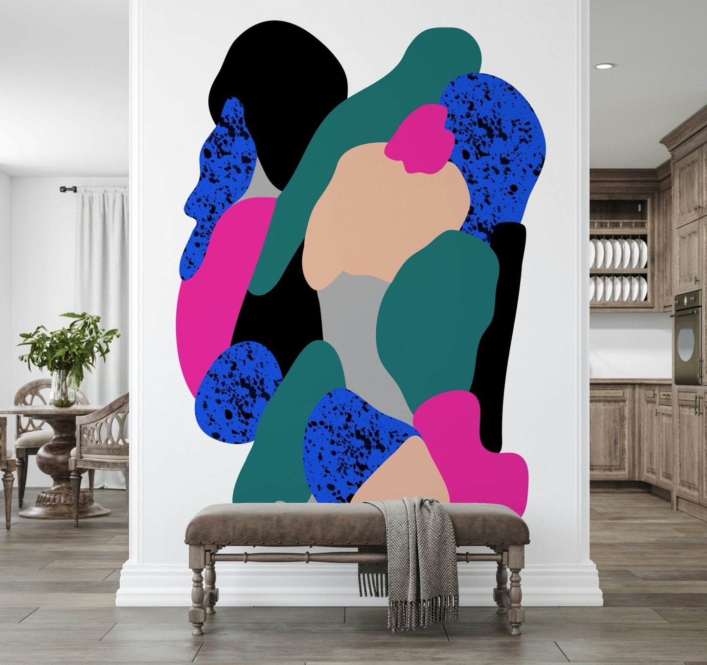 A vibrant wallpaper design with fluid color fields in teal, magenta, beige, and deep black.