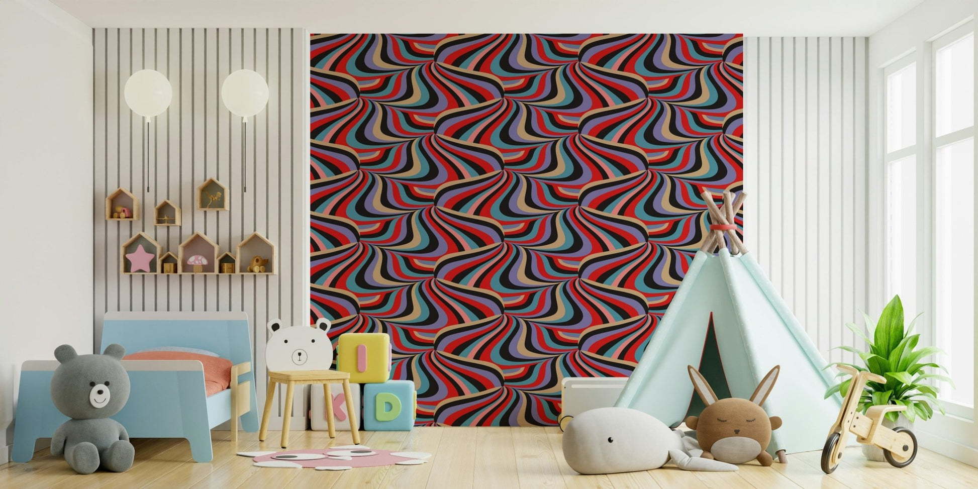 Colorful Swirl Marble Abstract Wallpaper – Energetic wall mural with swirling stripes of black, red, purple, blue, cream, and pink.