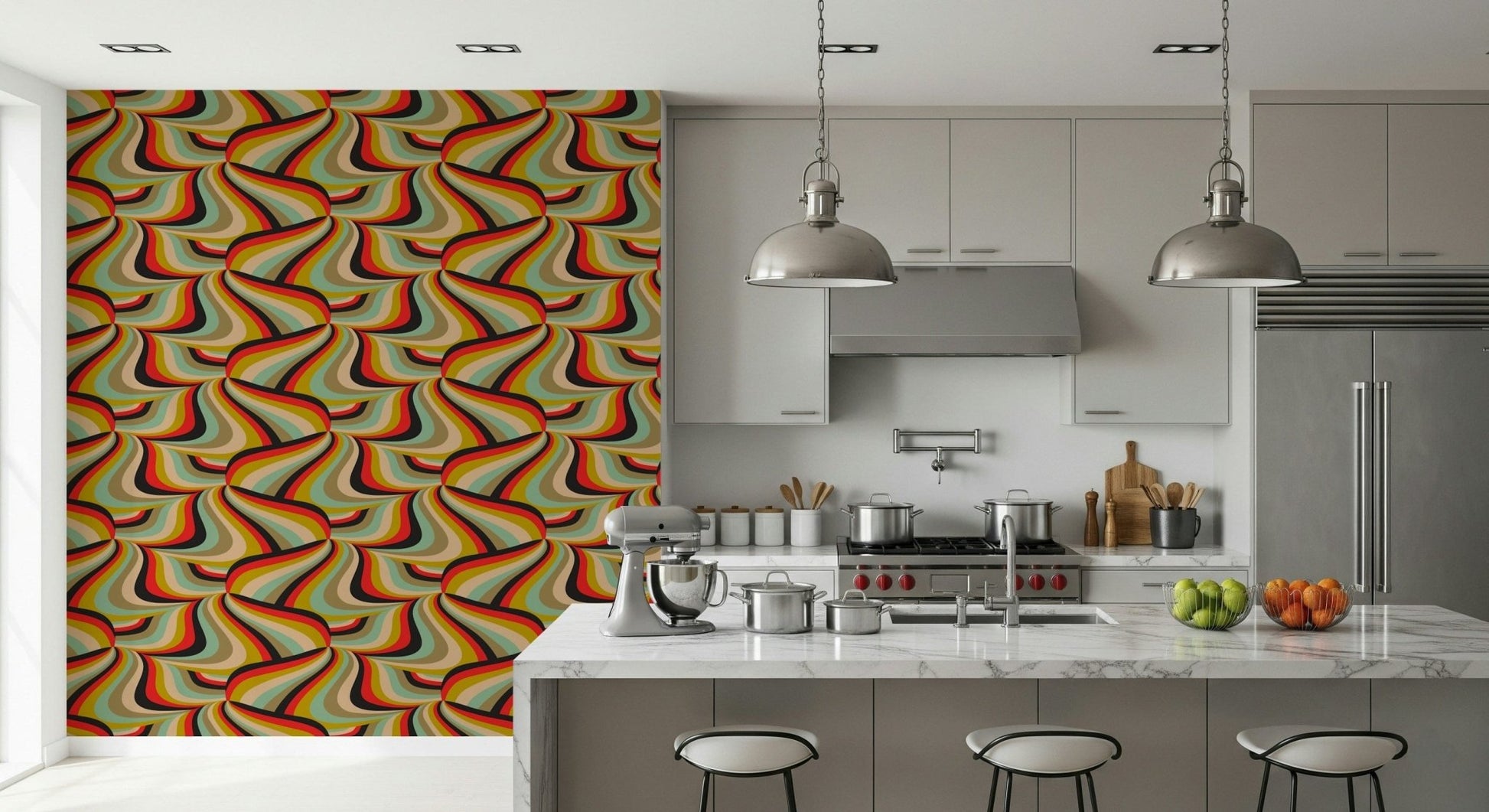 Swirling Groovy Abstract Wallpaper – Dynamic design with flowing marble stripes in black, red, mustard, mint, brown, and cream.