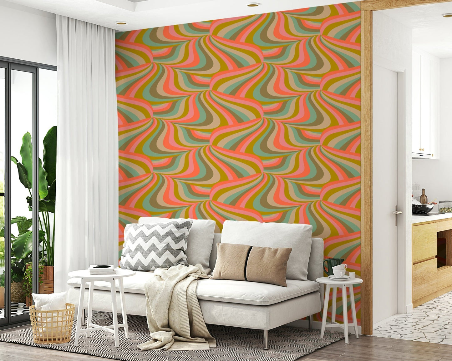 Swirling Groovy Abstract Wallpaper – Dynamic design featuring marble swirl stripes in soft and bold retro tones.