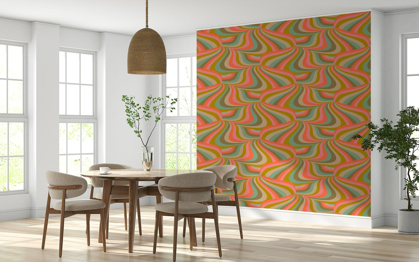 Colorful Retro Marble Swirl Wallpaper – Eye-catching wall mural with swirling marble stripes in vibrant pastel and earthy shades.