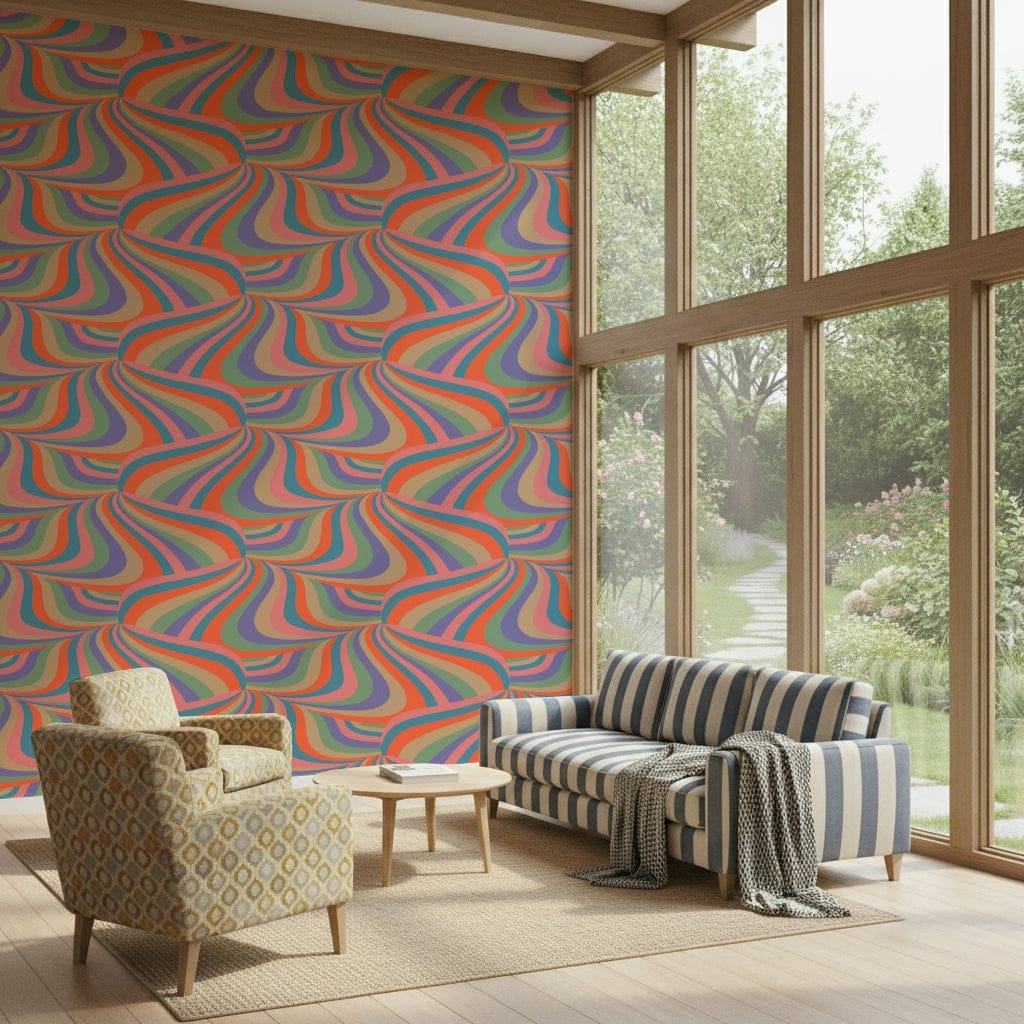 Marble Swirl Groovy Retro Abstract Wallpaper – Vibrant wall mural with swirling stripes in pink, purple, blue, coral, mint, and cream tones.