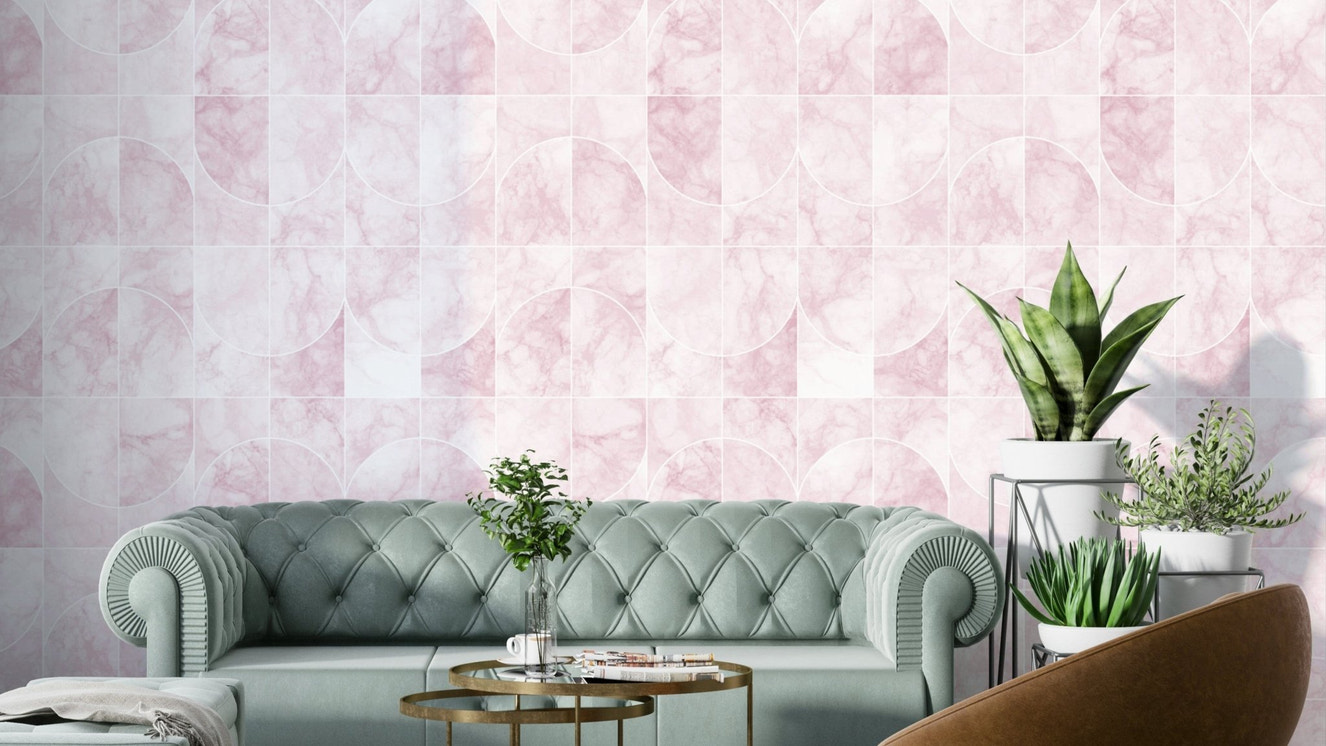 Pinkish marbled geometric tile pattern.

