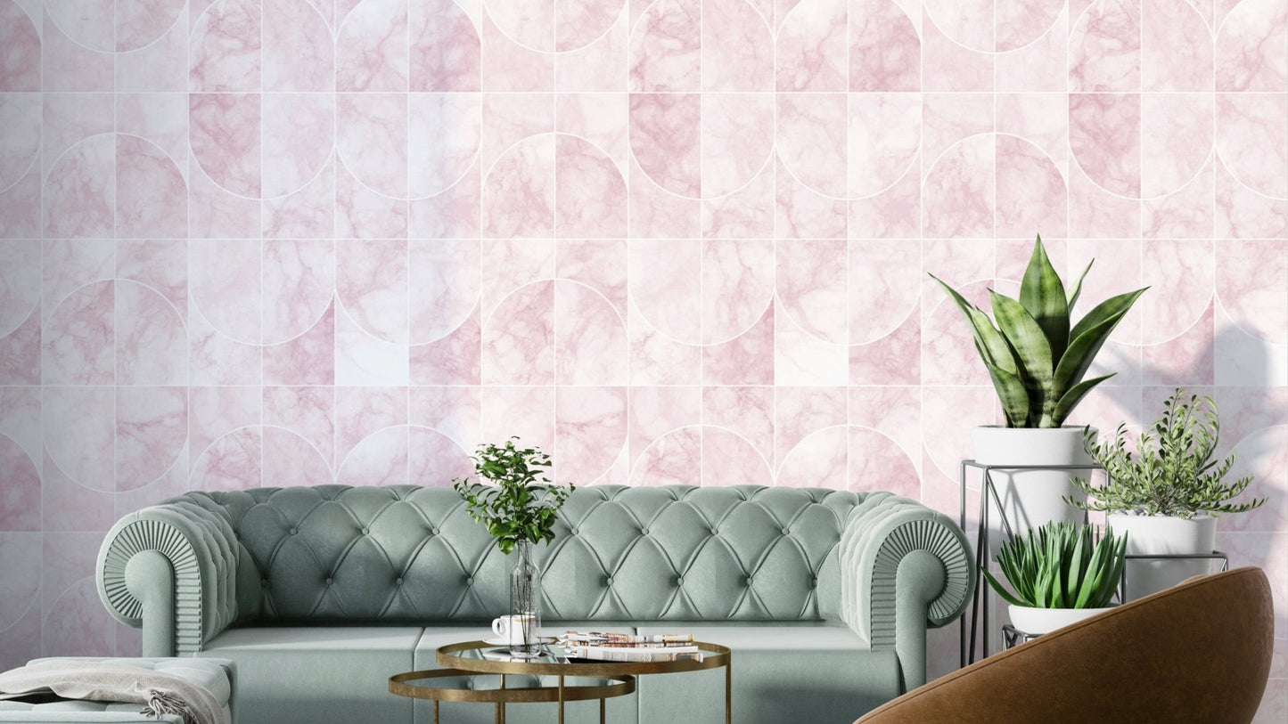Pinkish marbled geometric tile pattern.

