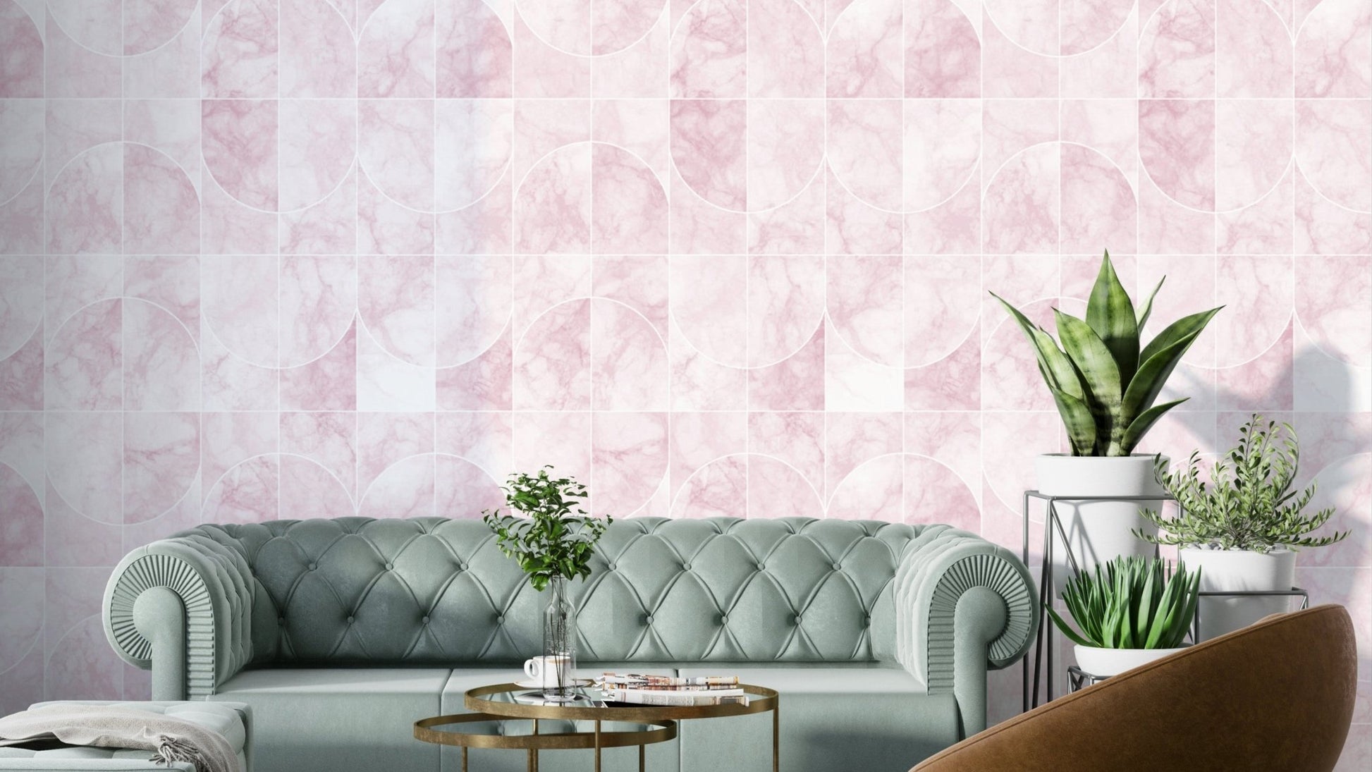 Pinkish marbled geometric tile pattern.

