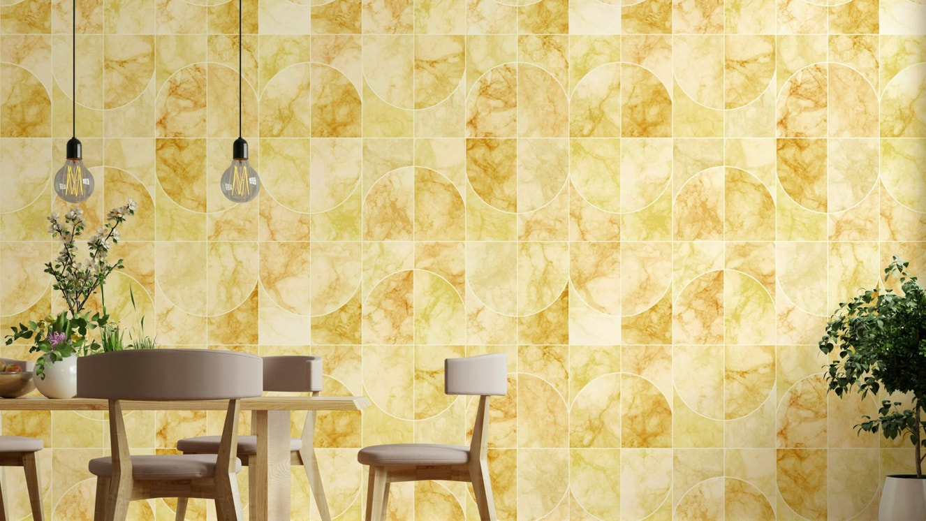 Yellowish marbled geometric tile pattern.

