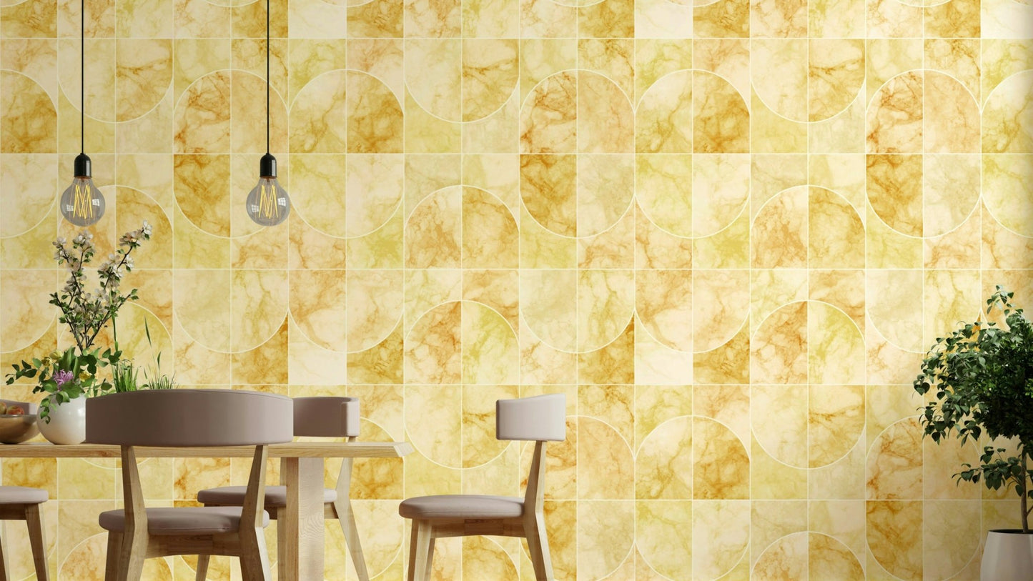 Yellowish marbled geometric tile pattern.

