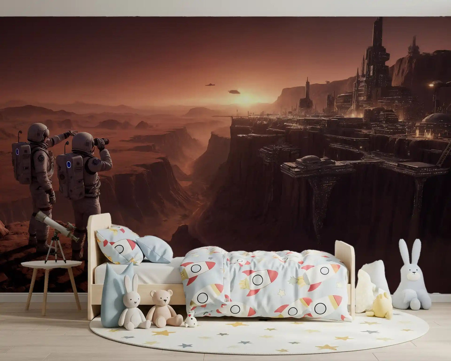 Contemporary girl room wallpaper with a futuristic Mars vista and crater view.