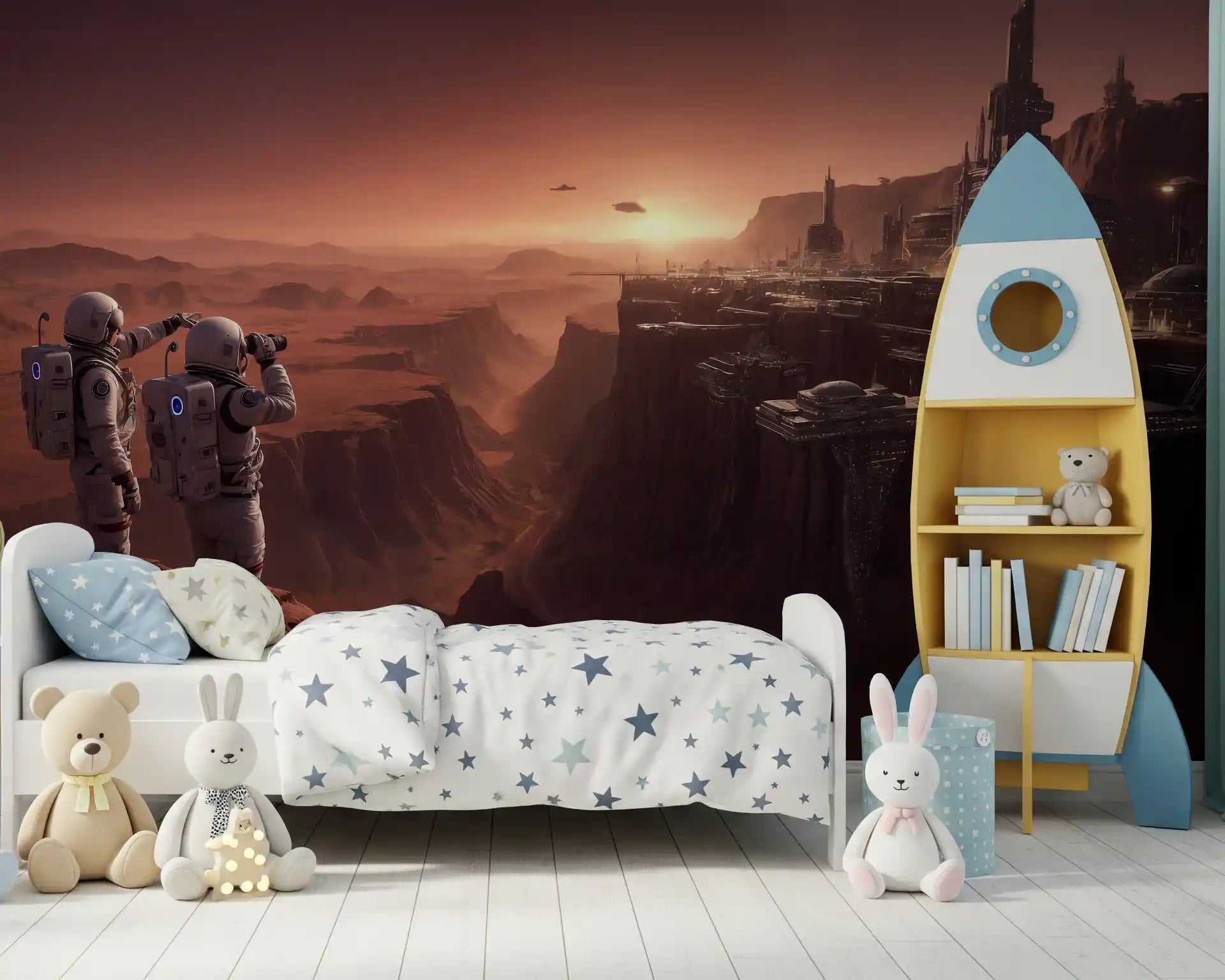 Red dusty landscape wallpaper mural showing a Mars Colony Vista Wall Mural