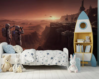 Red dusty landscape wallpaper mural showing a Mars Colony Vista Wall Mural