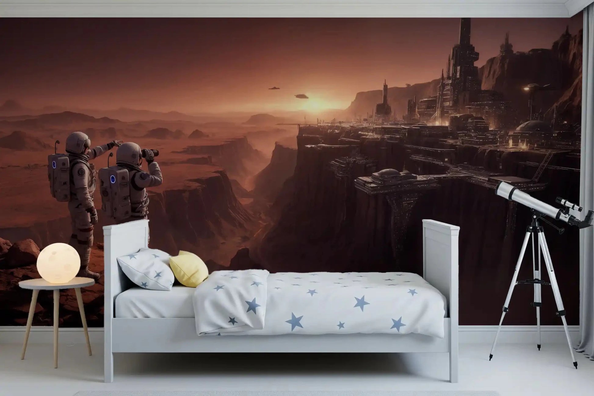 Bedroom wall decor featuring a bright Mars Colony Vista Wall Mural wallpaper