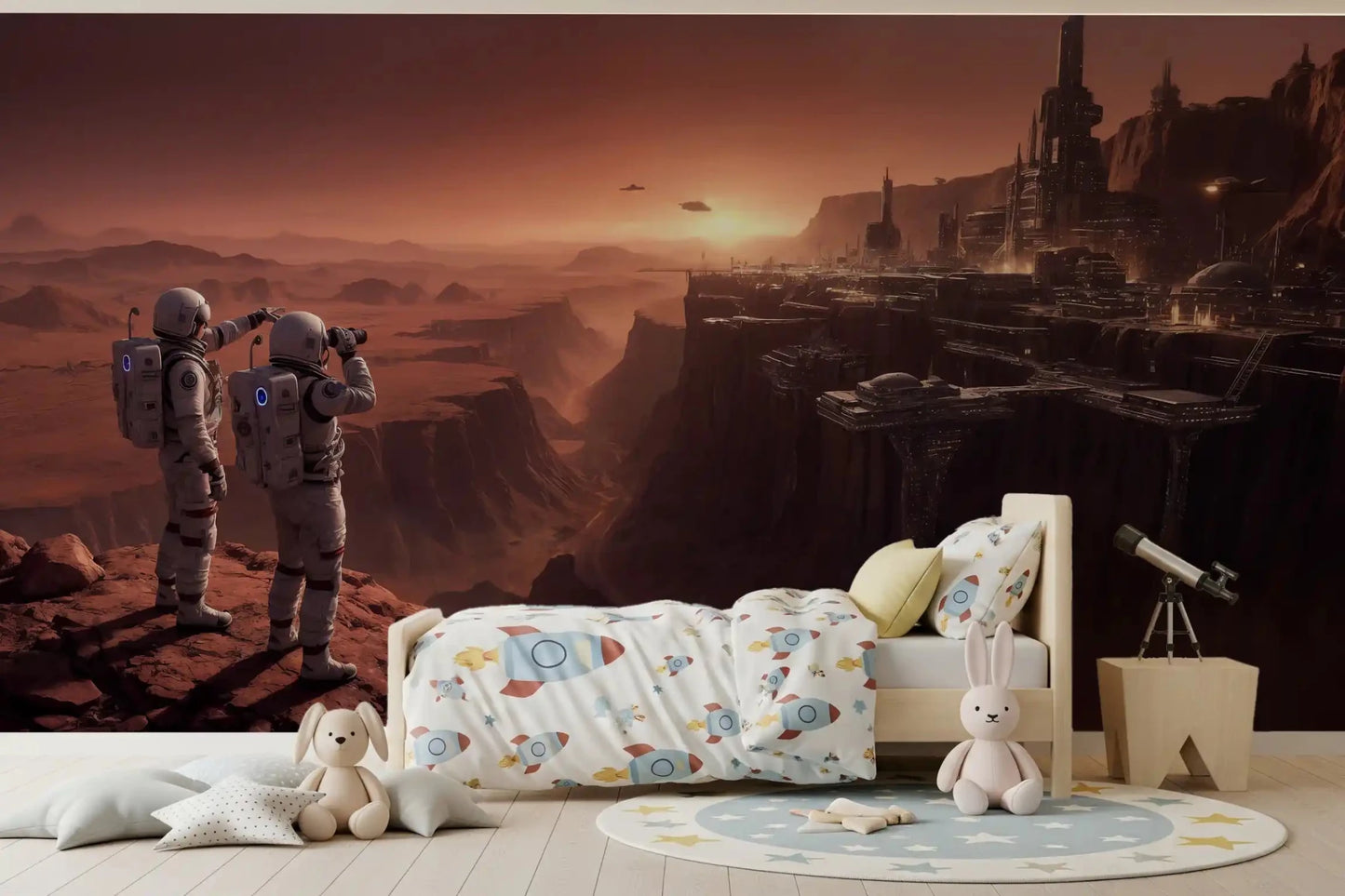 Industrial style nursery with Mars colony vista wallpaper and gray furniture.
