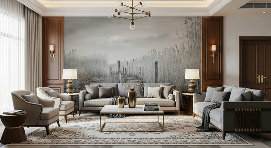 Monochrome Marsh Path wallpaper mural of a grey reed boardwalk in a formal living room with grey sofas and lamps