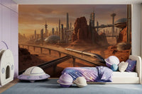 Detailed Martian Metropolis Wall Mural featuring orange and red color hues.
