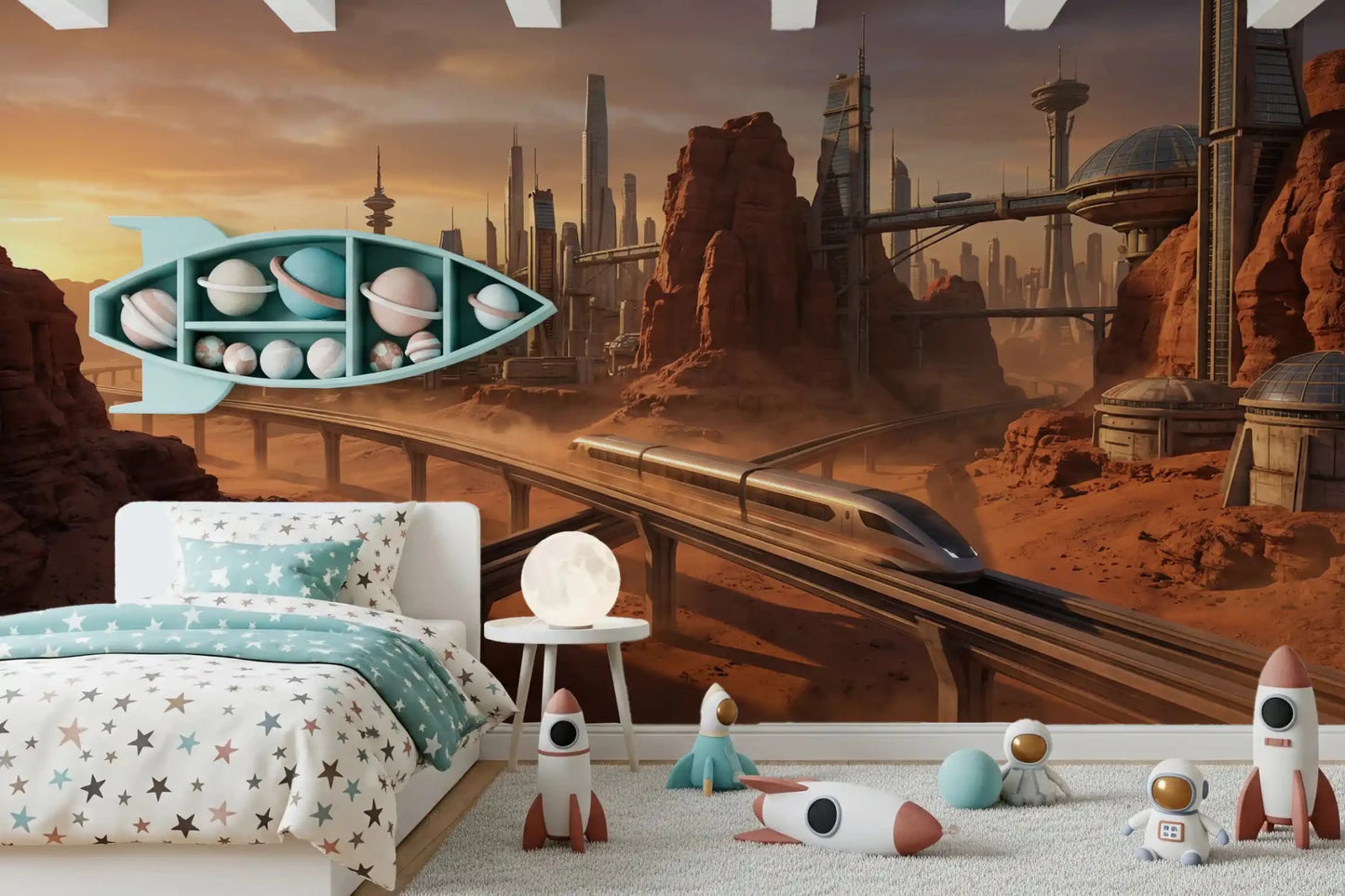 Vibrant red Martian Metropolis Wall Mural wallpaper for an home space.
