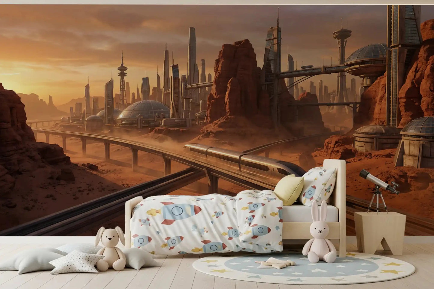 Detailed sci-fi Martian Metropolis Wall Mural wallpaper on a Kids room feature wall.