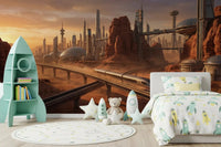 Martian Metropolis Wall Mural showing an alien metropolis in deep orange.
