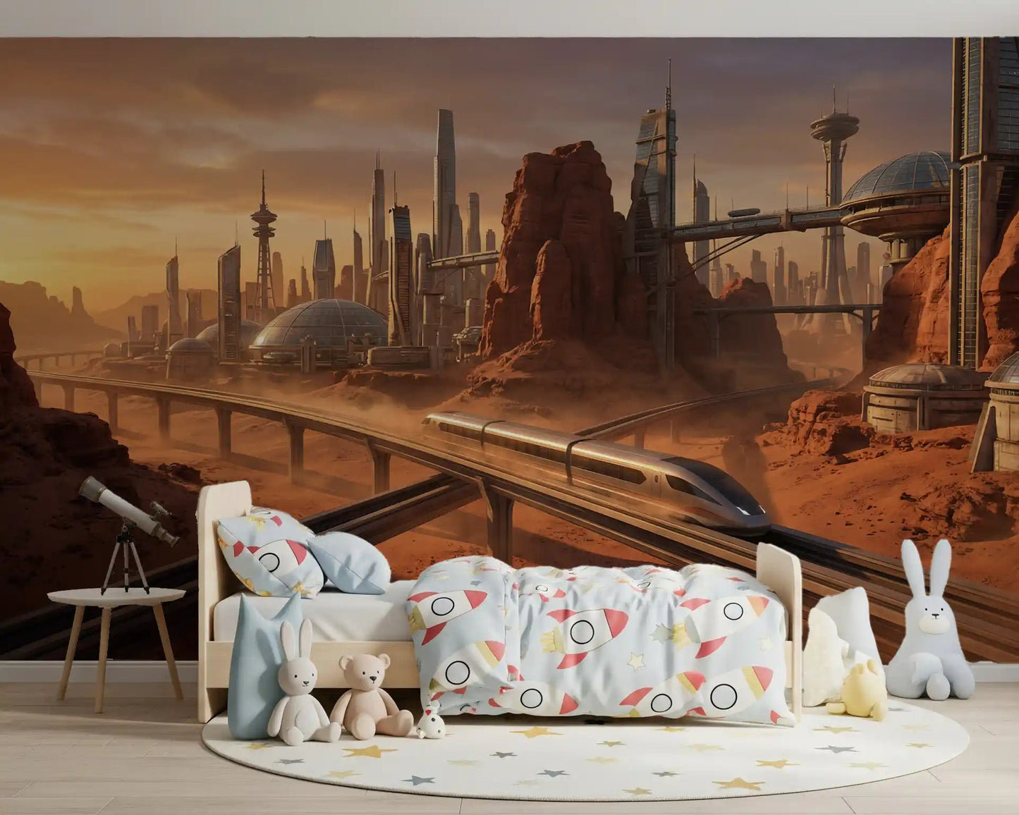 Martian Metropolis Wall Mural featuring a futuristic train in a red desert.