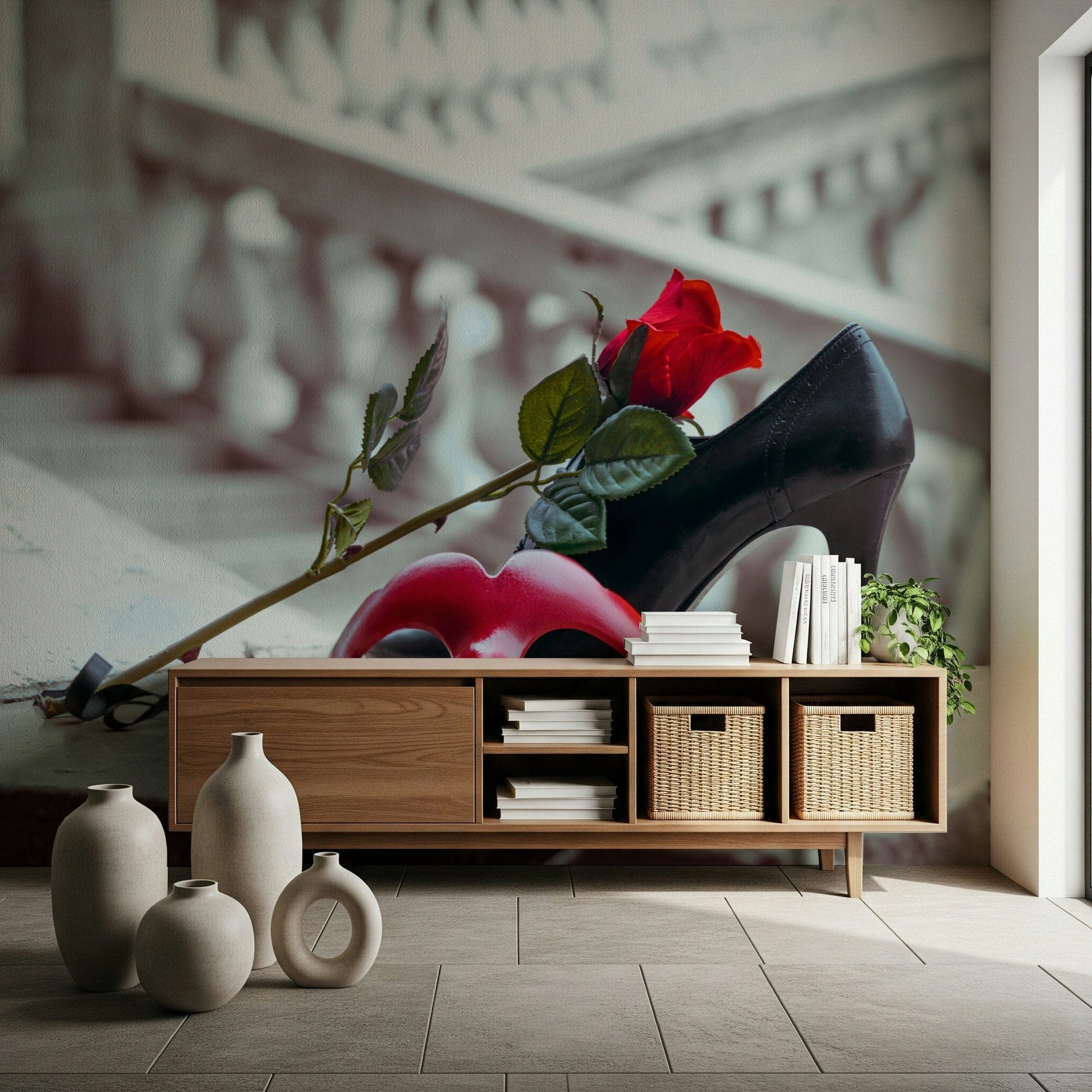 Masquerade Romance wallpaper mural with red rose and black heel behind a wooden console with woven baskets and ceramic vases