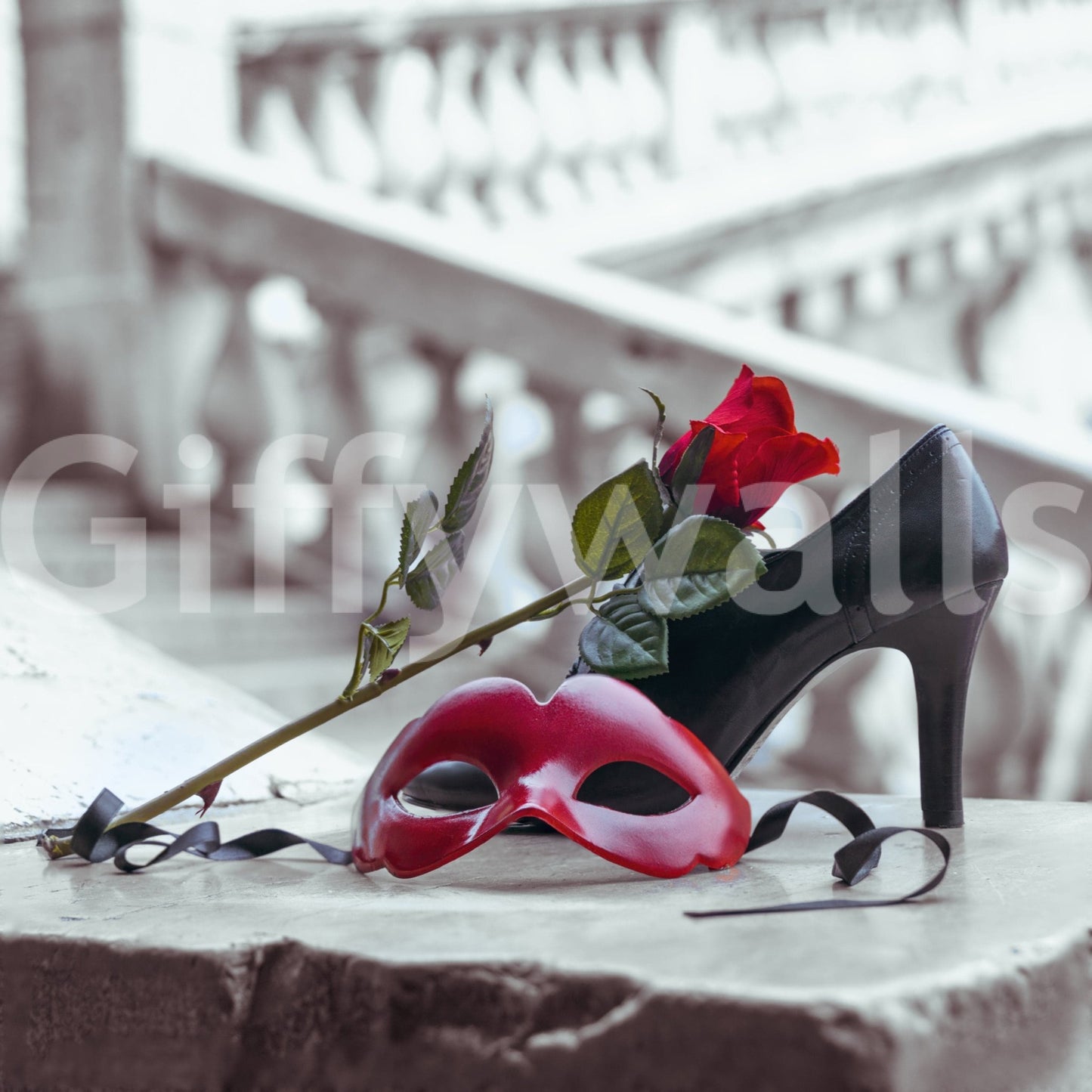 Masquerade Romance wallpaper mural close-up of red carnival mask, rose and black high heel on pale Venetian stone steps