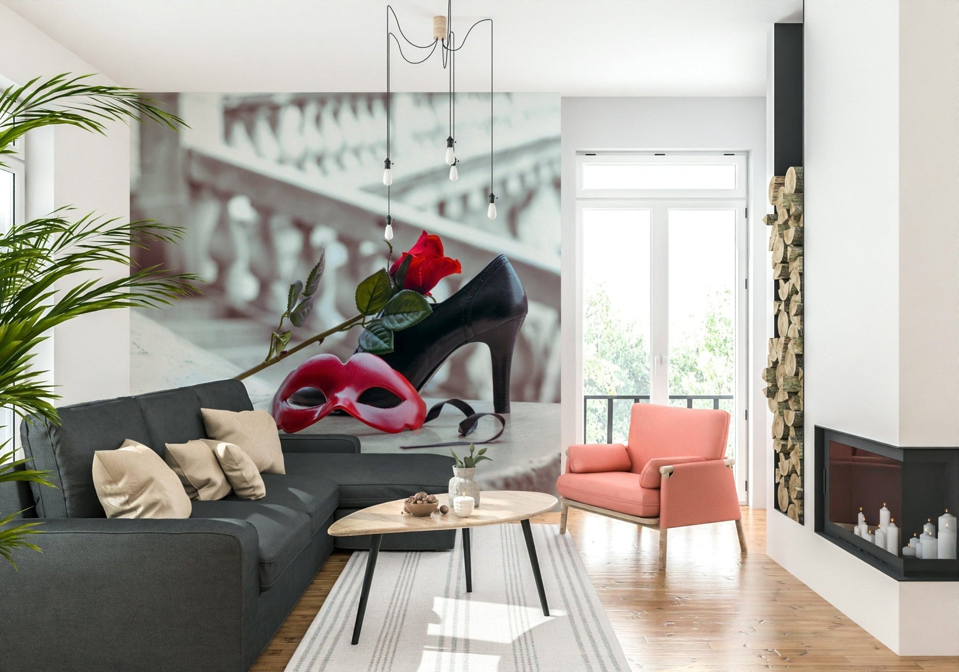 Masquerade Romance wallpaper mural behind a charcoal sectional sofa and coral armchair near a fireplace in a living room