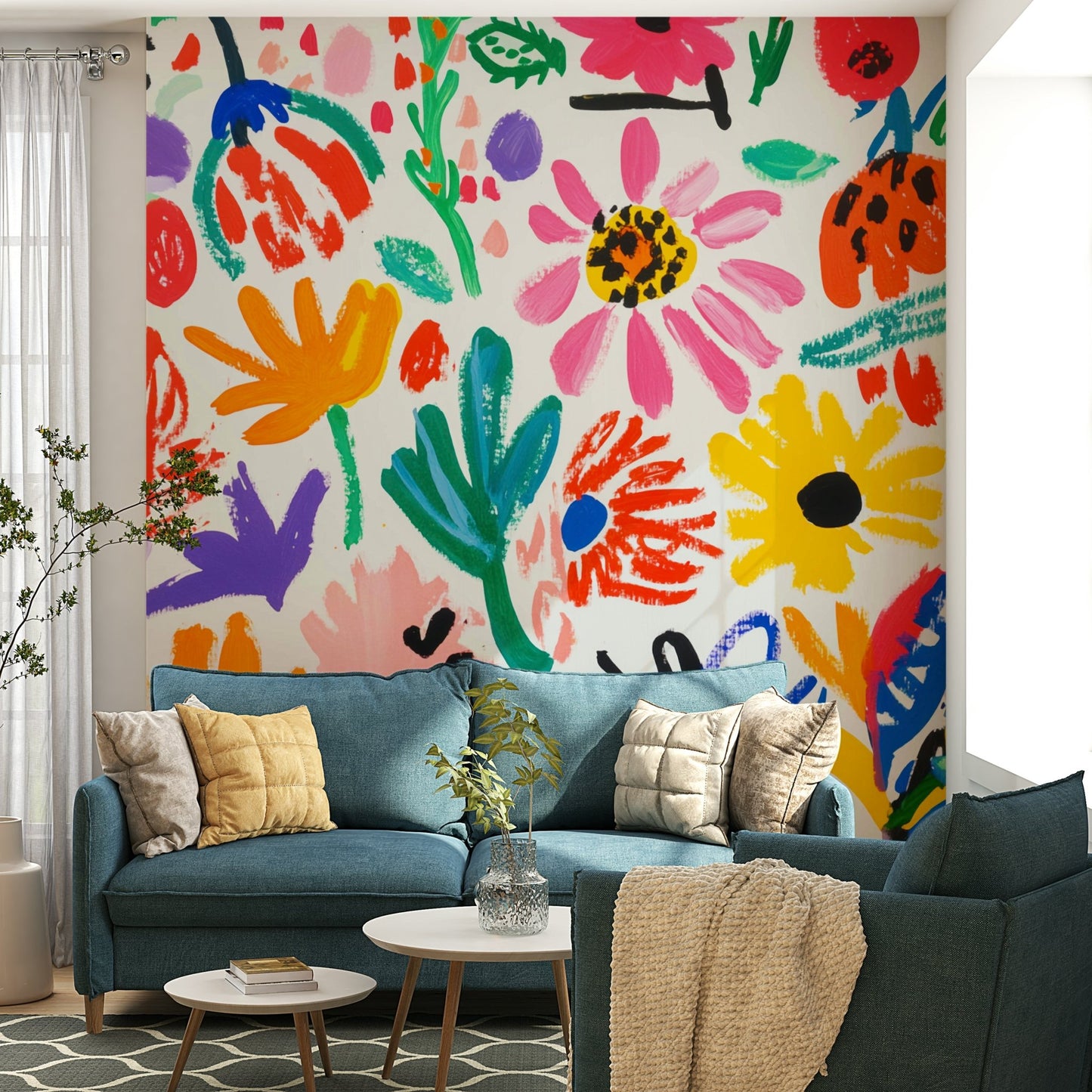 Whimsical floral feature wall in pink and yellow


