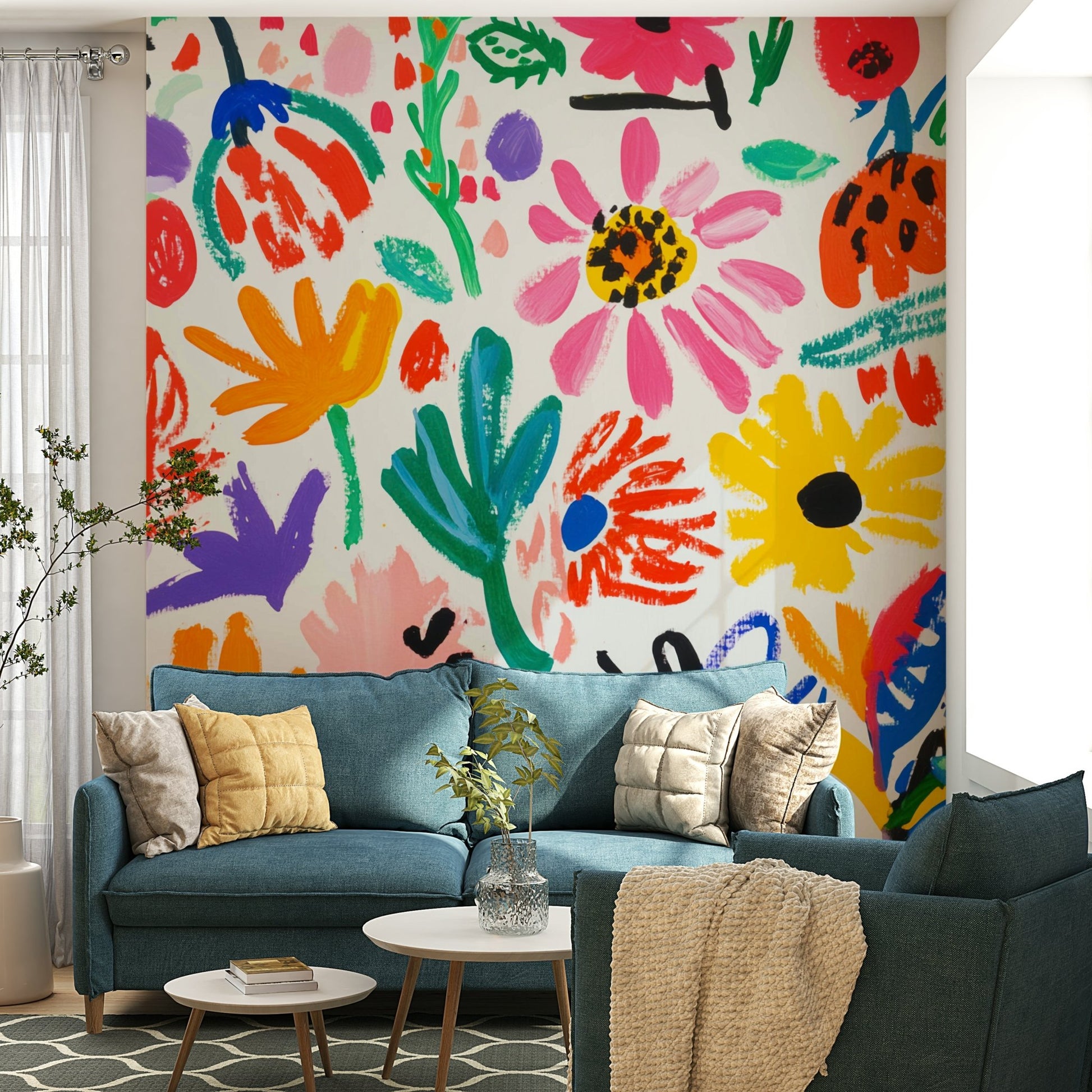 Whimsical floral feature wall in pink and yellow

