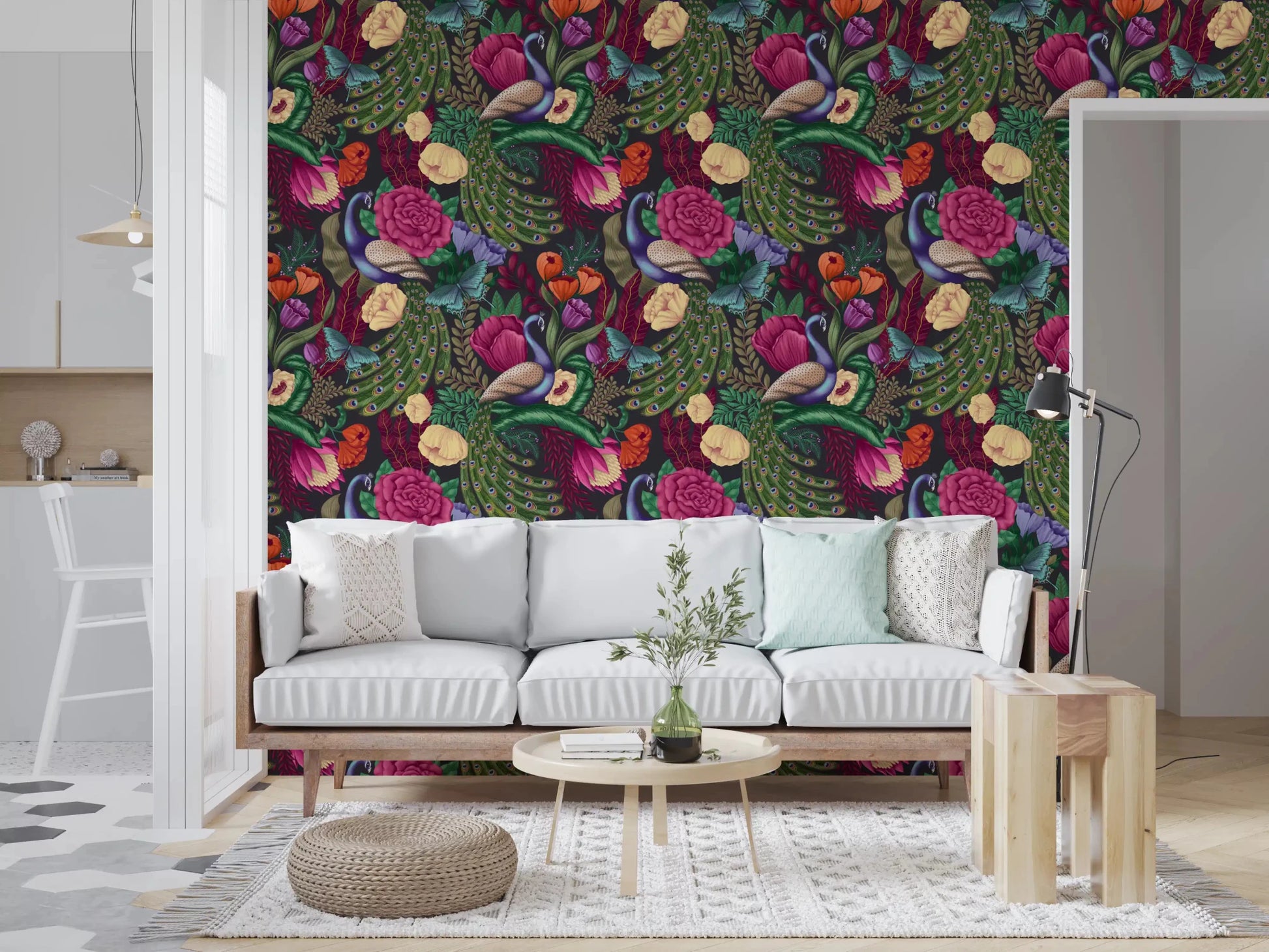 Charcoal floral wallpaper for a study room with peacock motifs