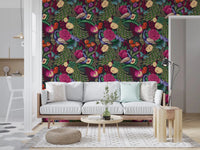 Charcoal floral wallpaper for a study room with peacock motifs