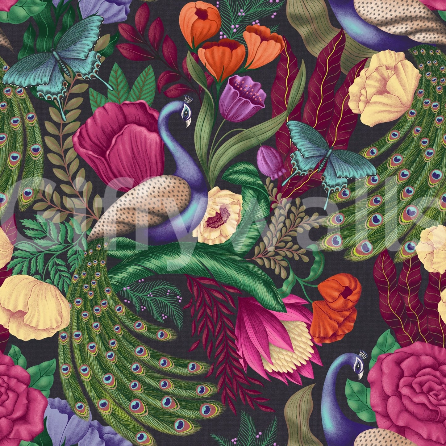 Bold botanical wallpaper with peacock motif and layered pattern