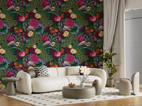 Decorative peacock wallpaper with bold florals on dark green