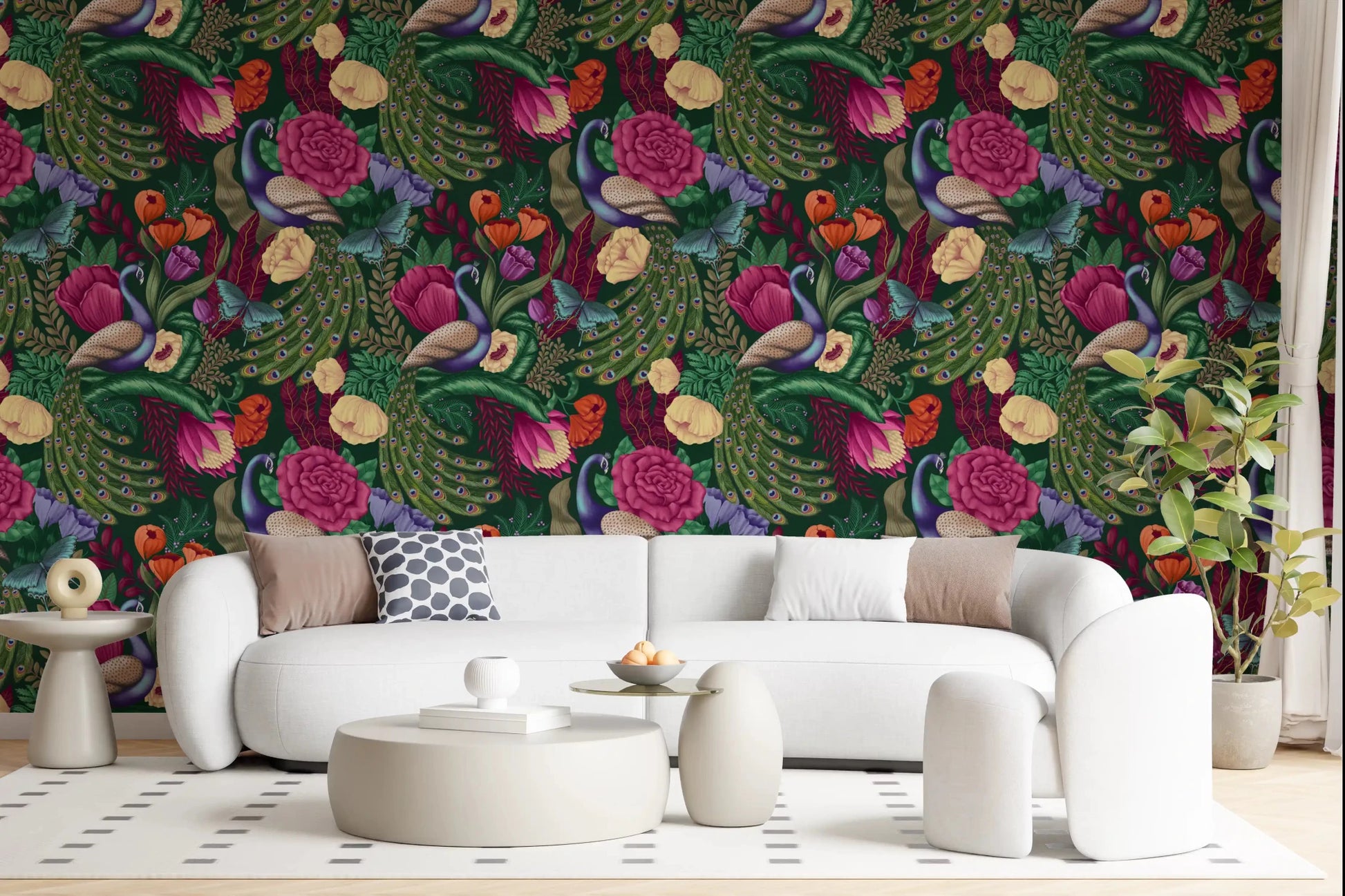 Peacock garden wallpaper in a hallway with rich floral accents