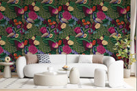 Peacock garden wallpaper in a hallway with rich floral accents