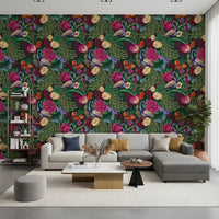 Dark green peacock wallpaper in a living room with floral detail