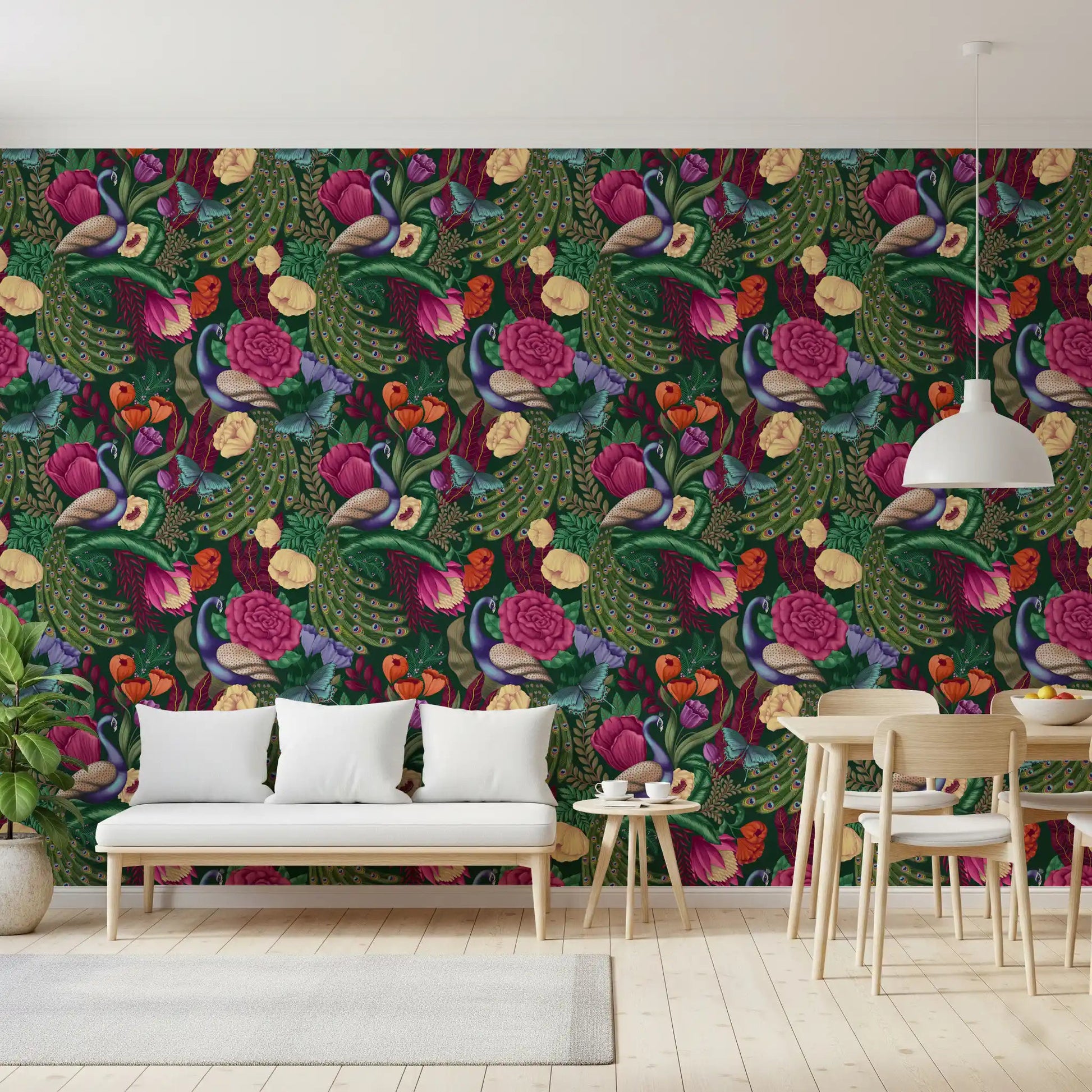 Fantasy garden wallpaper with roses, feathers, and leaf pattern