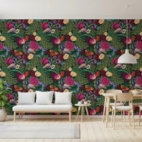 Fantasy garden wallpaper with roses, feathers, and leaf pattern