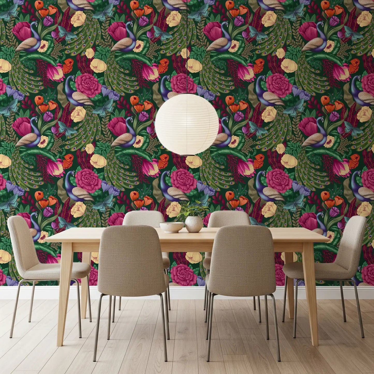Dark green floral wallpaper for a dining room with peacock motif