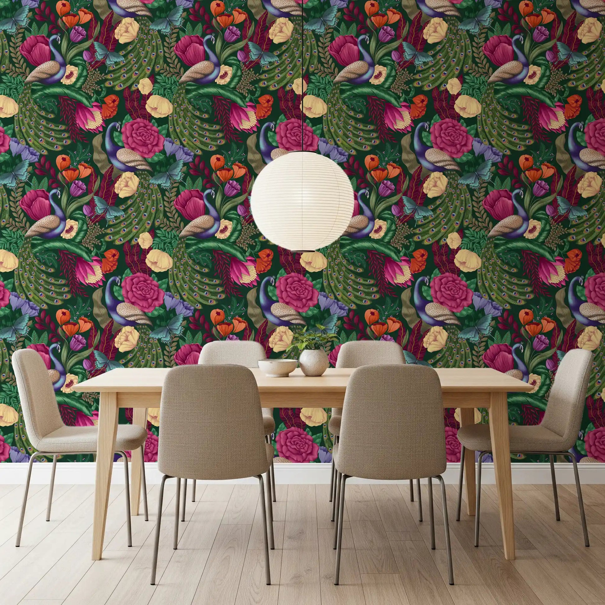 Dark green floral wallpaper for a dining room with peacock motif